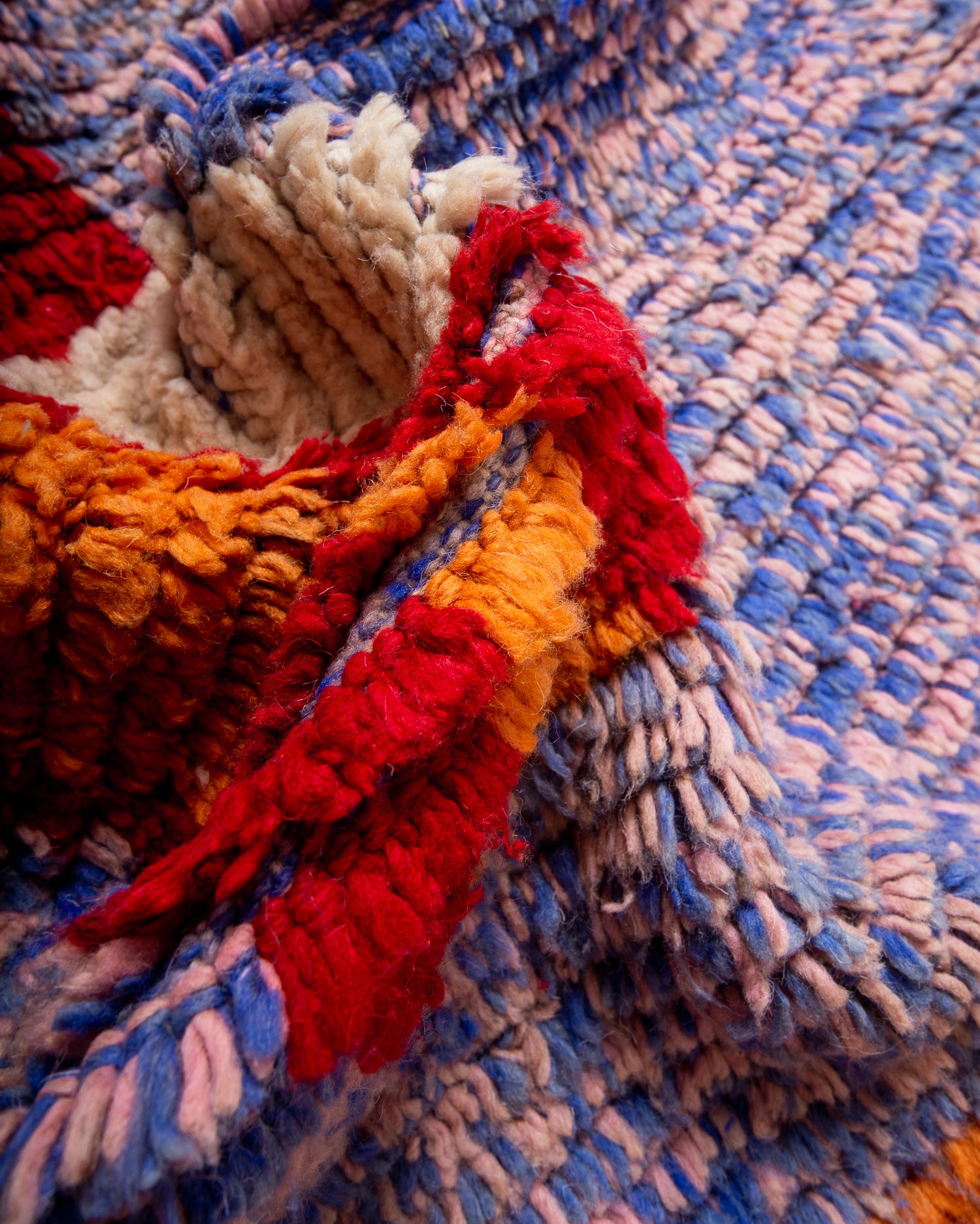 Modern, designer, handcrafted Berber rug from Morocco. Vintage carpet with beautiful colours and patterns and fluffy texture.